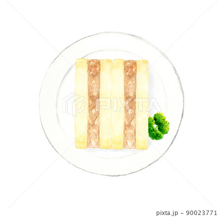 皿に乗ったシーチキンマヨネーズのサンドイッチとパセリ　料理・カフェメニューの手描き水彩イラスト素材 90023771