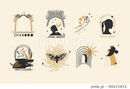 Hand drawn vector abstract graphic illustration with logo elements collection bundle set,magic line art of crescent,moon and star in simple style for branding,isolated,Minimalist feminine astrology. 90023833