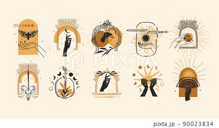 Hand drawn vector abstract graphic illustration with logo elements collection bundle set,magic line art of crescent,moon and human hands black silhouettes,isolated,Minimalist feminine astrology. 90023834