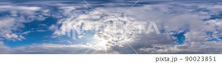 Blue sky with Cumulus clouds Seamless panorama in spherical equirectangular format. Complete zenith for use in 3D graphics, game and for composites in aerial drone 360 degree panoramas as a sky dome 90023851