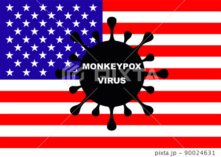 MONKEYPOX VIRUS. Flag of USA. Monkeypox Spain. Zoonotic viral disease that can infect non-human primates, rodents and some other mammals. Virus design with flag. Horizontal illustration. Monkey pox. 90024631