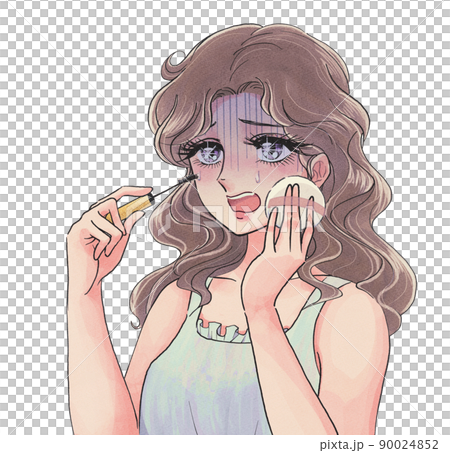 A woman in the 70's and 80's who is worried about makeup, picking up a manga picture, mascara and puff. 90024852