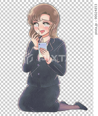 看著少女卡通風格的全身照/智能手機流淚跪下的員工 看著少女卡通風格的全身照/智能手機流淚跪下的員工 90024853