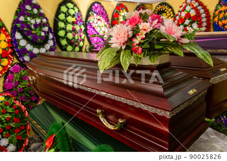 Interior of room with funeral accessories. 90025826