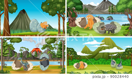 Set of nature scene with trees on mountains with sign board and dinosaur Set of nature scene with trees on mountains with sign board and dinosaur 90028440