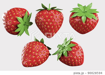 Strawberry isolated. Strawberries isolate. Whole strawberry on white. Strawberries isolate. Side view organic strawberries. Full depth of field. With clipping path. 3d render 90028594