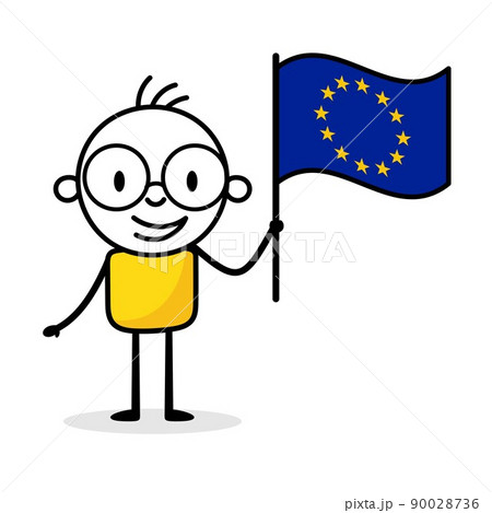 Man holding flag of European Union isolated on white background. Hand drawn doodle line art man. Concept of country. 90028736