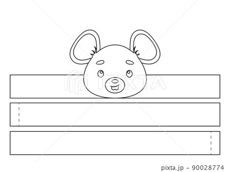 Printable mouse paper crown. Fun accessory for entertainment. Diy cut party ribbon template for birthday, christmas, baby shower. Print, color, cut and glue. Vector stock illustration 90028774