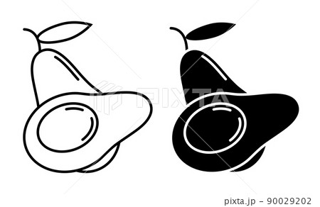 Linear icon, avocado fruit whole and cut in half with pit in middle. Exotic fruit. Simple black and white vector isolated on white background 90029202