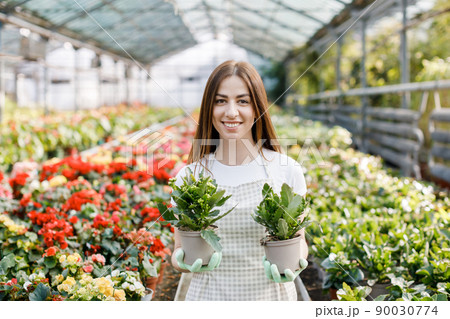 Woman holds a pot of flowers in her hands, growing plants for sale, plant as a gift, flowers in a greenhouse, potted plant. 90030774