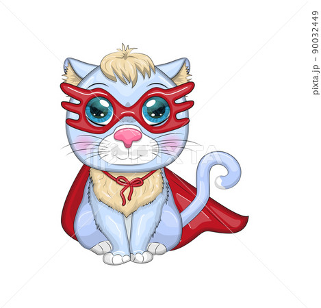 Cartoon cat superhero in a red cloak and mask. Cute child character, symbol of 2023 new chinese year. 90032449
