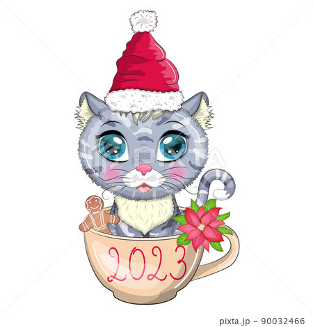 Cute cartoon cat in a Santa hat in a cup with cookies and an inscription. Winter 2023, Christmas and Chinese New Year. Cute cartoon cat in a Santa hat in a cup with cookies and an inscription. Winter 2023, Christmas and Chinese New Year. 90032466