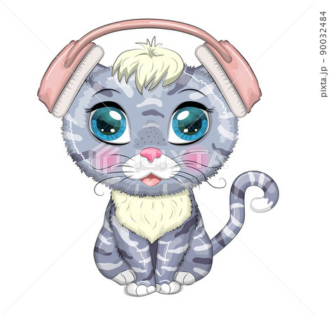 Cartoon cat music lover in headphones listens... - Stock Illustration  [90032484] - PIXTA