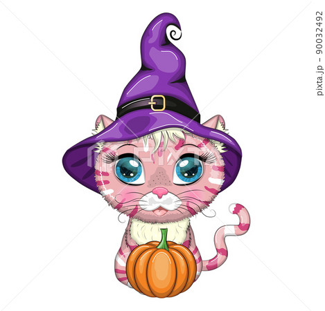 Cartoon cat in purple witch hat with broom, pumpkin, potion. Halloween character, poster. Cute child character, symbol of 2023 new chinese year 90032492