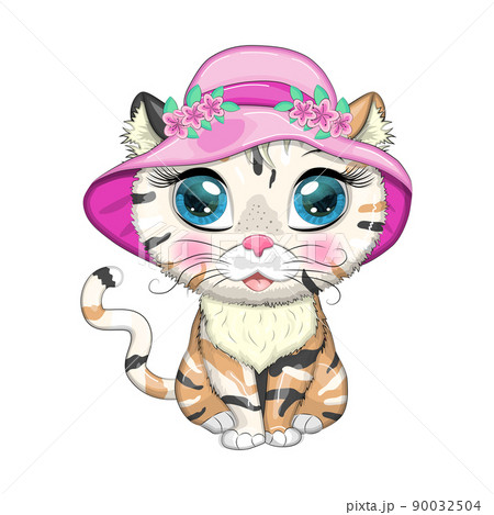 Cartoon Cat In A Hat With Flowers Summer のイラスト素材 Cartoon Cat In A Hat With Flowers Summer のイラスト素材