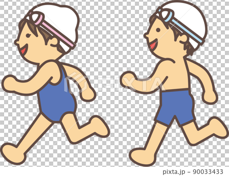 スクール水着を着て嬉しそうに走る男の子と女の子 スクール水着を着て嬉しそうに走る男の子と女の子 90033433