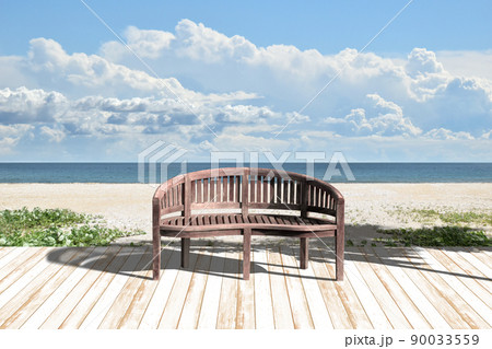 白いデッキに木のベンチ、午後のビーチリゾート 白いデッキに木のベンチ、午後のビーチリゾート 90033559