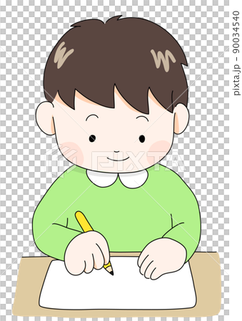 A boy who goes to the desk in the correct posture and writes with a pencil (color, neutral color, genderless color) A boy who goes to the desk in the correct posture and writes with a pencil (color, neutral color, genderless color) 90034540