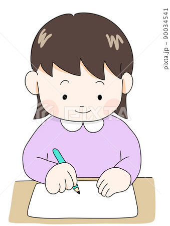 正しい姿勢で机に向かい鉛筆で字を書く女の子(カラー・中間色・ジェンダーレスカラー) 正しい姿勢で机に向かい鉛筆で字を書く女の子(カラー・中間色・ジェンダーレスカラー) 90034541