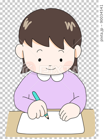 正しい姿勢で机に向かい鉛筆で字を書く女の子(カラー・中間色・ジェンダーレスカラー) 正しい姿勢で机に向かい鉛筆で字を書く女の子(カラー・中間色・ジェンダーレスカラー) 90034541