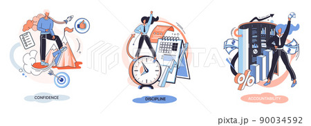 Personal quality concept vector illustrations set. Confidence, accountability and discipline. Creative metaphor Personal quality concept vector illustrations set. Confidence, accountability and discipline. Creative metaphor 90034592