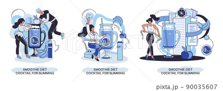 Smoothie as healthy diet cocktail for slimming tiny person concept. Vegan detox food and drink metaphor 90035607