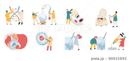 Antivirus vaccine. Scientists conducting scientific researches team of laboratory assistants with test tubes scenes set Antivirus vaccine. Scientists conducting scientific researches team of laboratory assistants with test tubes scenes set 90035695