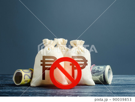Philippine peso money bags and red prohibition symbol No. Sanctions. Economy crisis. Urgent stock market close. Freezing assets, banning transactions. Devaluation. Capital export outflow restrictions. Philippine peso money bags and red prohibition symbol No. Sanctions. Economy crisis. Urgent stock market close. Freezing assets, banning transactions. Devaluation. Capital export outflow restrictions. 90039853