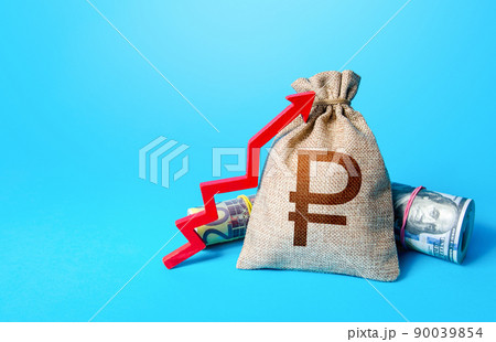 Russian ruble money bag and red up arrow. Economic growth, GDP. Increase in the deposit rate. Increase income and business efficiency. Inflation acceleration. Investments. Rise in profits, budget fees Russian ruble money bag and red up arrow. Economic growth, GDP. Increase in the deposit rate. Increase income and business efficiency. Inflation acceleration. Investments. Rise in profits, budget fees 90039854