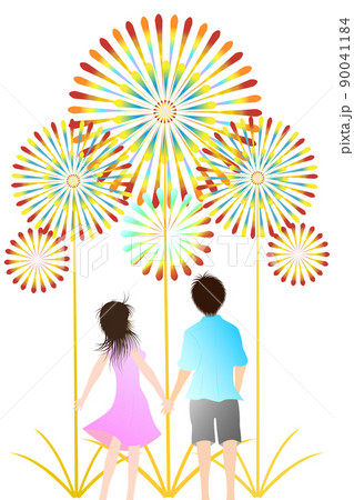 夏イメージ 花火を見上げるカップルの後ろ姿 のイラスト素材