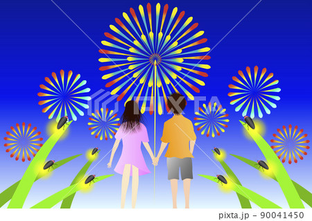 夏イメージ 花火を見上げるカップルの後ろ姿とホタル のイラスト素材