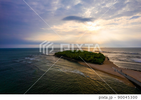 ドローンで空撮した朝の光が幻想的な宮崎県青島と青島神社と鬼の洗濯板 90045300