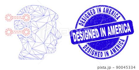Blue Grunge Designed in America Stamp and Web Mesh Brain Interface Links Blue Grunge Designed in America Stamp and Web Mesh Brain Interface Links 90045334