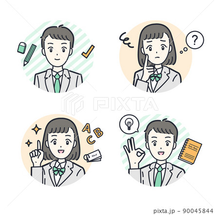 ポジティブな表情とネガティブな表情の制服を着た学生の丸アイコンセット ポジティブな表情とネガティブな表情の制服を着た学生の丸アイコンセット 90045844