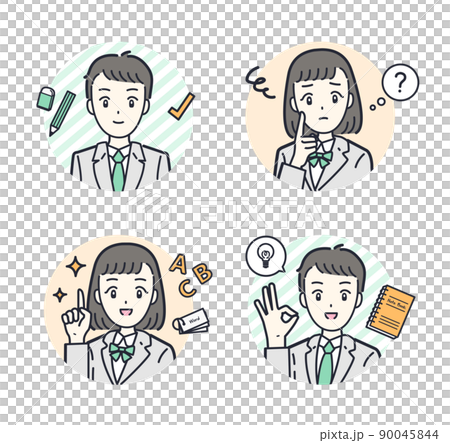 Student circle icon set in uniform with positive and negative facial expressions Student circle icon set in uniform with positive and negative facial expressions 90045844