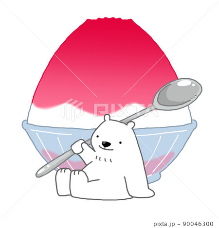 スプーンをもったシロクマといちご味のかき氷のイラスト素材