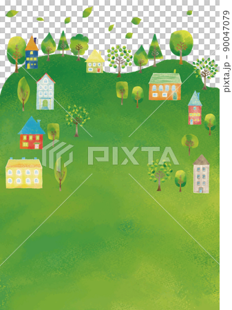 Scandinavian style green hill with watercolor touch and cityscape frame vertical 3 90047079