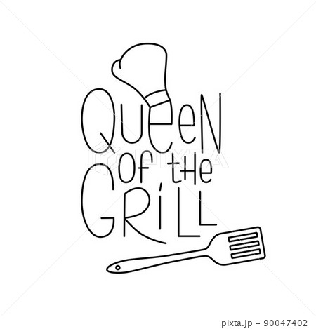 Barbecue tools with handwritten lettering sign Queen of the grill. Editable stroke. Vector stock illustration isolated on white background for design packaging, logo, party, menu in restaurant. EPS10 Barbecue tools with handwritten lettering sign Queen of the grill. Editable stroke. Vector stock illustration isolated on white background for design packaging, logo, party, menu in restaurant. EPS10 90047402