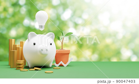 Piggy bank with light bulb and gold coin Saving concept 3D render 90047403