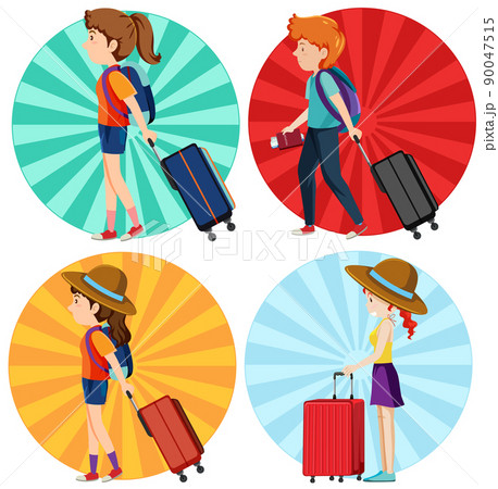 Set of girls and boy with backpack walking 90047515