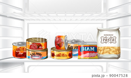 An inside the refrigerator with canned food 90047528