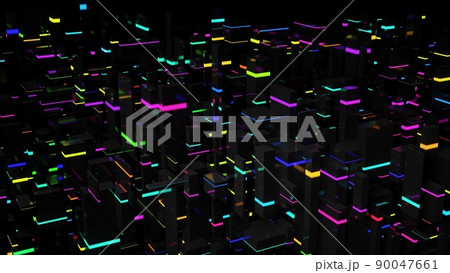 3d render. Dark science fiction background. Abstract dark background neon cubes light bulbs. Different sizes cubes network lighting multicolor neon light, like night city. 90047661