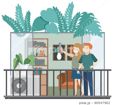 Man and woman taking selfie on balcony Man and woman taking selfie on balcony 90047962