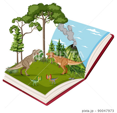 Book with scene of T-Rex fighting Book with scene of T-Rex fighting 90047973