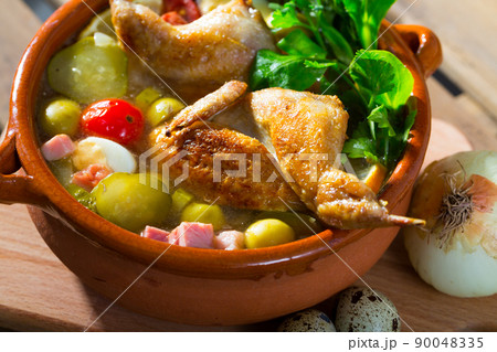 Solyanka with quails, ham, olives Solyanka with quails, ham, olives 90048335