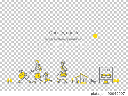 A family of four walking around the city, a simple and stylish line drawing illustration 90049907
