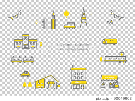 都市の背景フレーム　建物と乗り物　シンプルでお洒落な線画イラスト 90049908