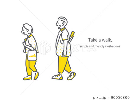 のんびりと散歩をするシニア夫婦 シンプルでお洒落な線画イラスト のんびりと散歩をするシニア夫婦 シンプルでお洒落な線画イラスト 90050300