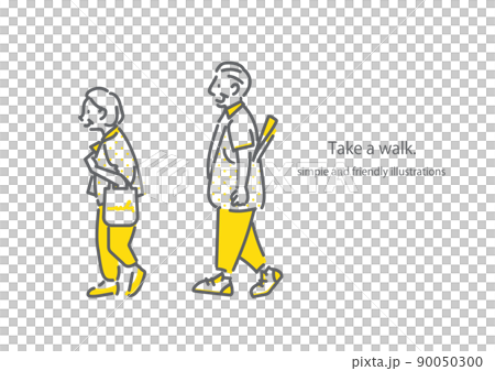 のんびりと散歩をするシニア夫婦 シンプルでお洒落な線画イラスト のんびりと散歩をするシニア夫婦 シンプルでお洒落な線画イラスト 90050300