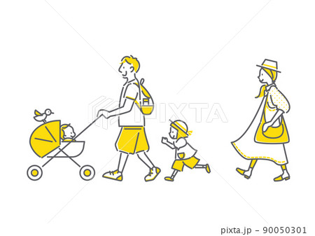 お散歩する四人家族　シンプルでお洒落な線画イラスト 90050301
